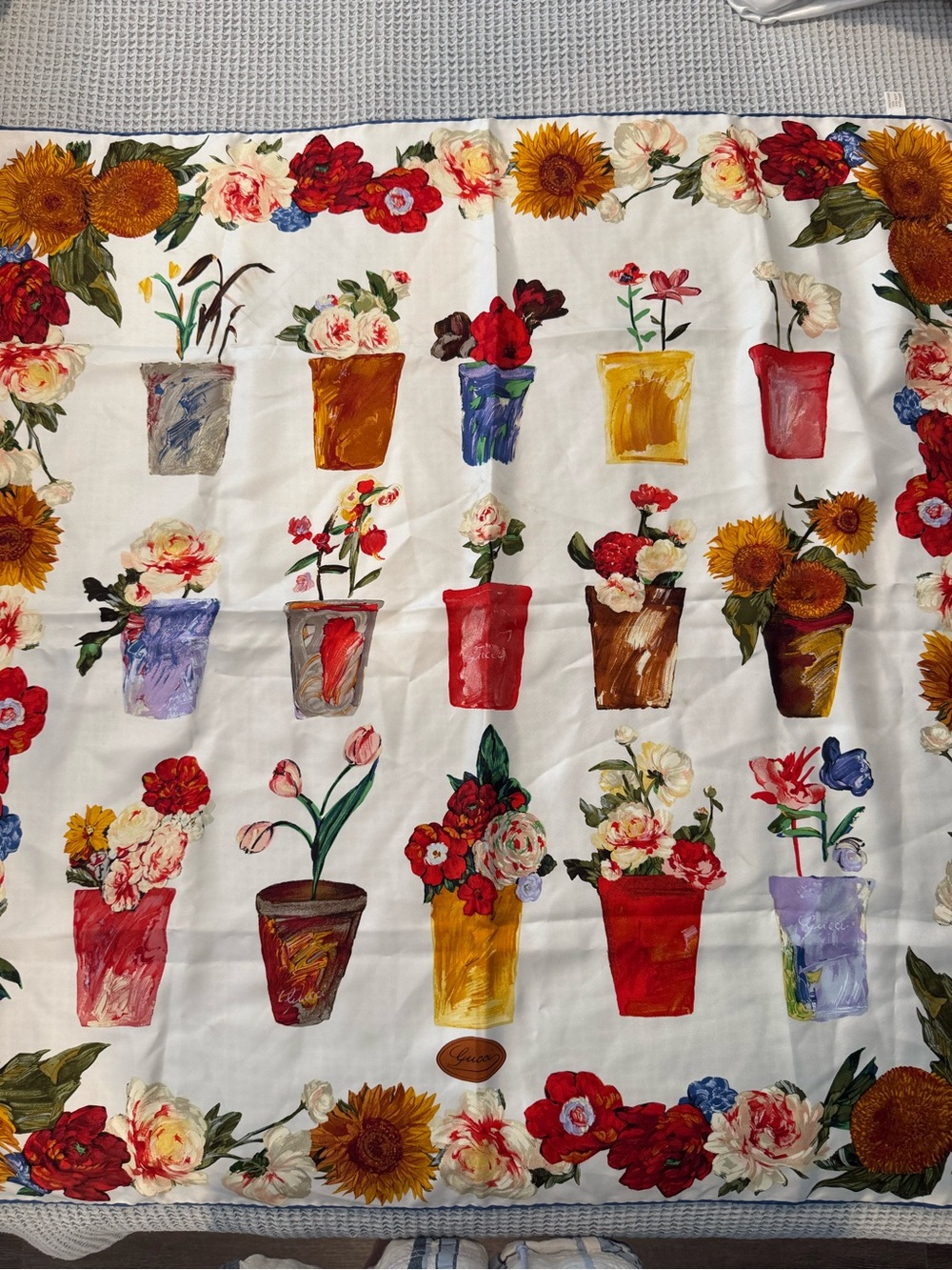Gucci- Floral Potted Plant Print Scarf - Vintage- Multicolor- 100% silk